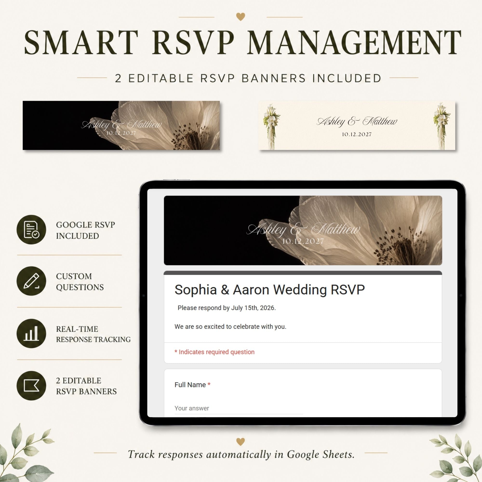 Wedding RSVP website with integrated online guest response collection.