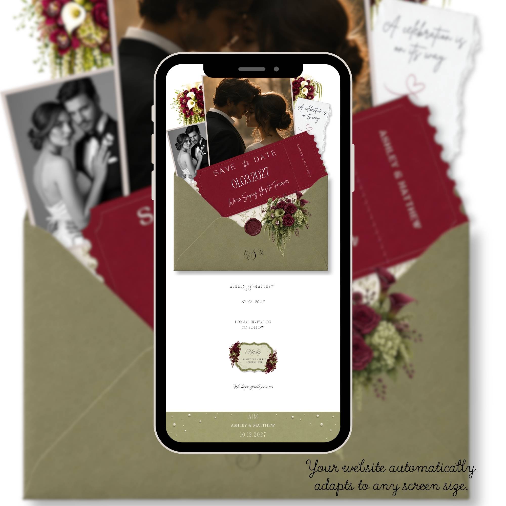 Editable Canva wedding website with sage green and burgundy details