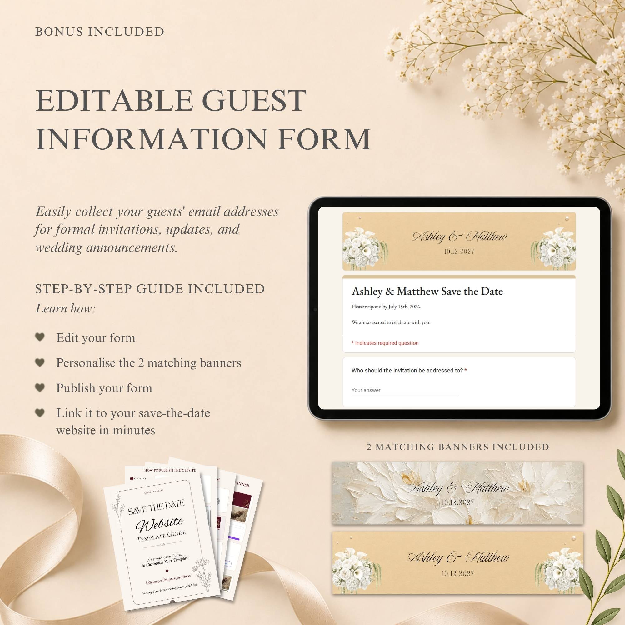 Luxury champagne gold wedding website template editable in Canva