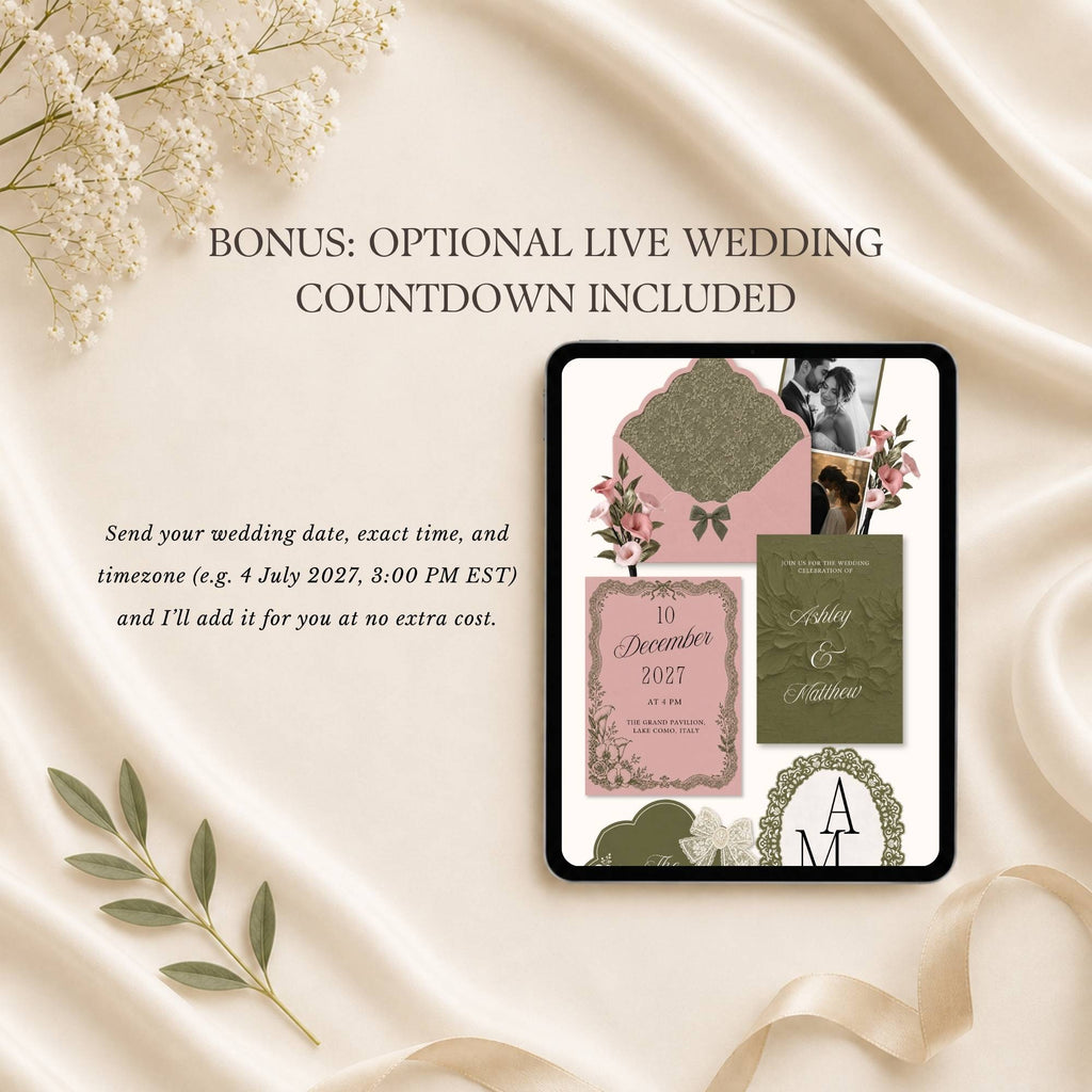 Wedding website template with optional live wedding countdown feature.
