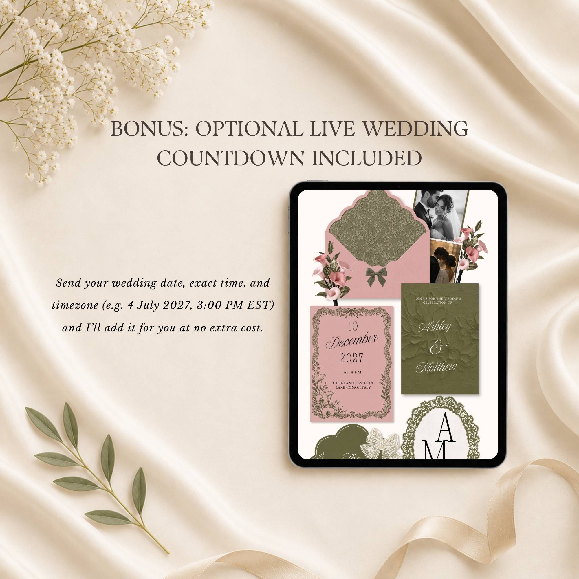 Wedding website template with optional live wedding countdown feature.