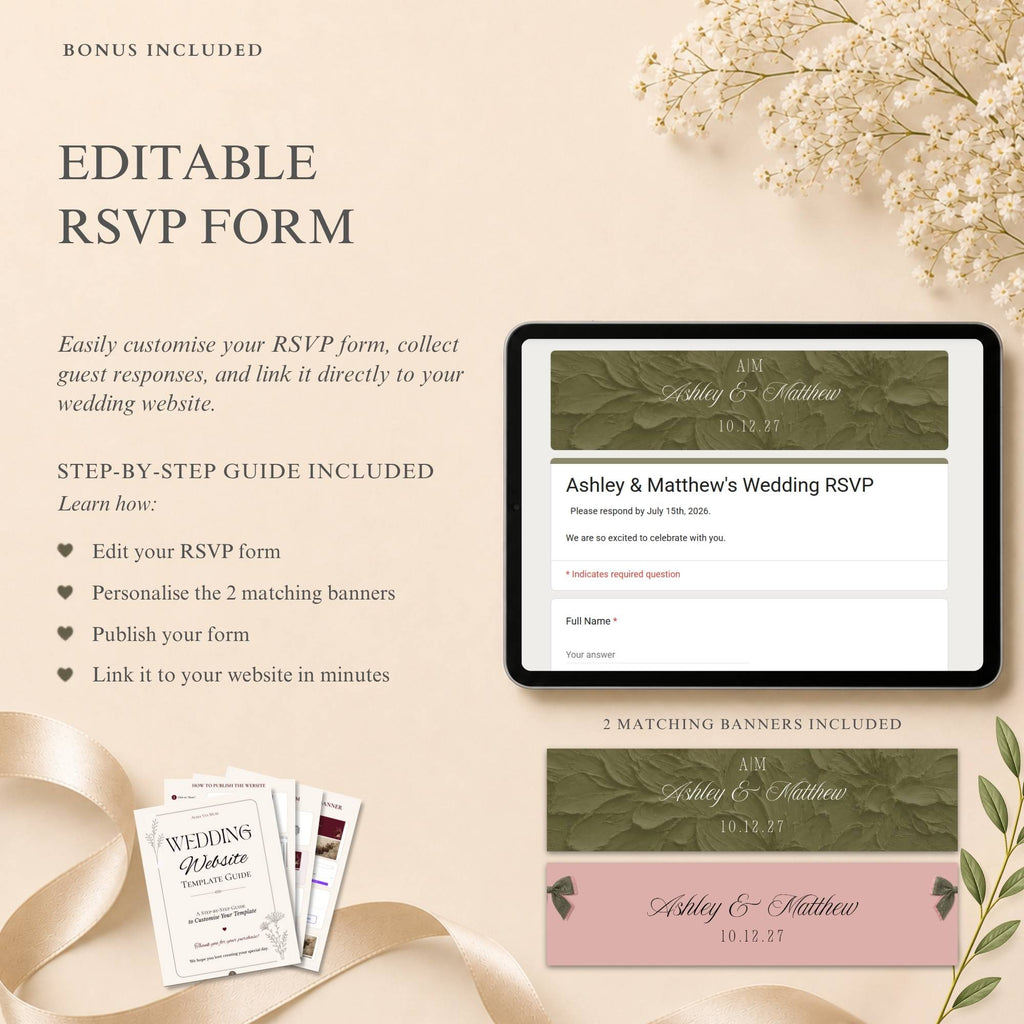 Wedding website with RSVP form and editable Canva banners.