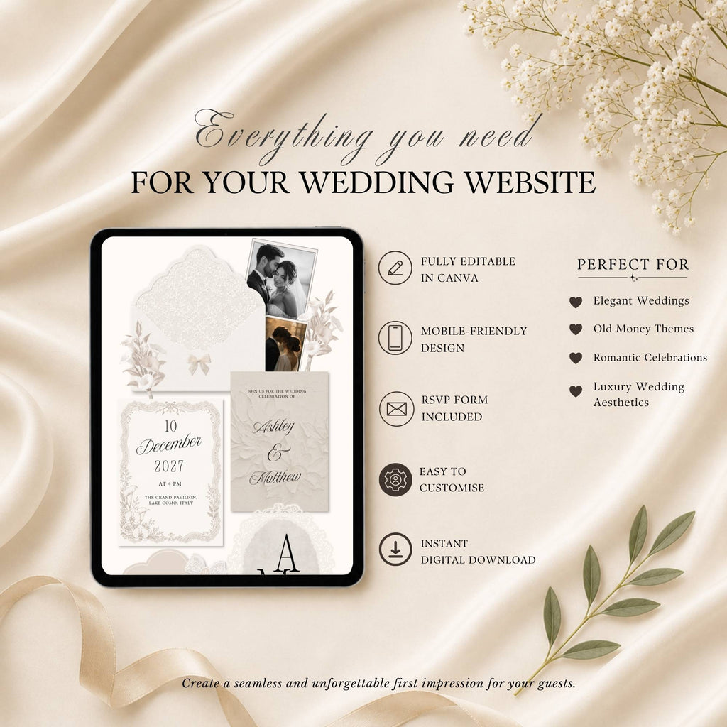 Four page wedding website template featuring RSVP page love story page and elegant lace design