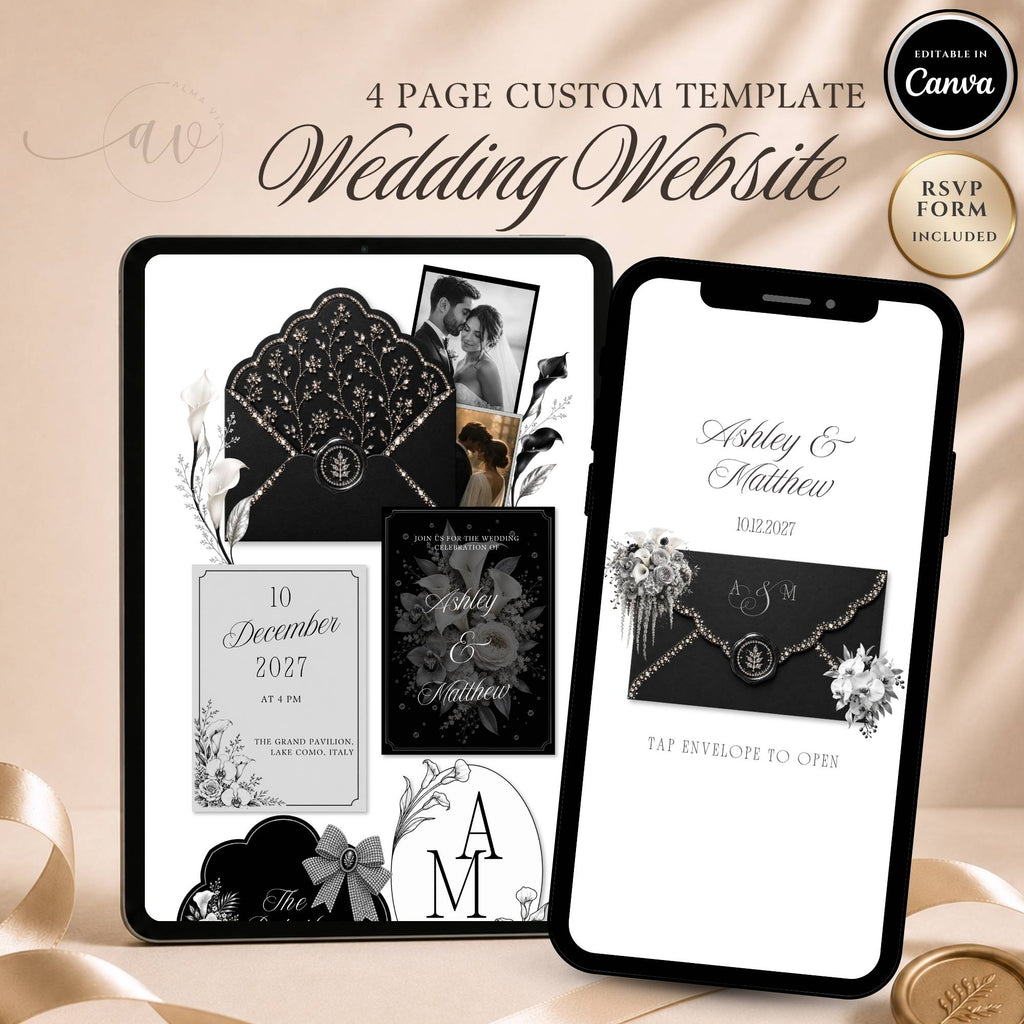 Black wedding website template editable in Canva with RSVP page and envelope opening design