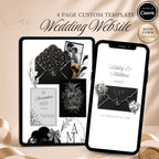 Black wedding website template editable in Canva with RSVP page and envelope opening design