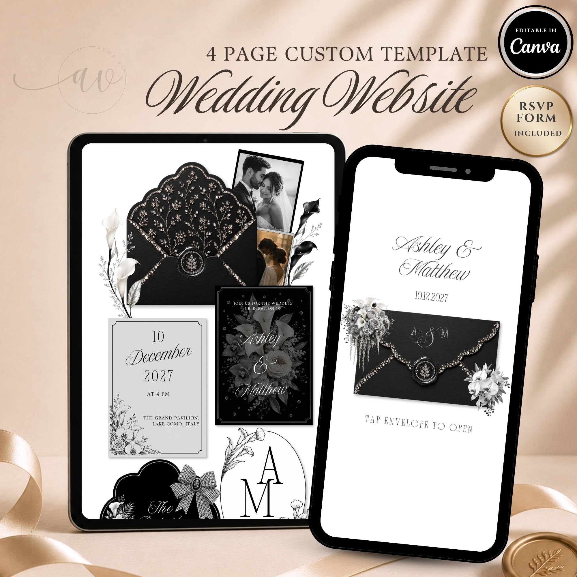 Black wedding website template editable in Canva with RSVP page and envelope opening design