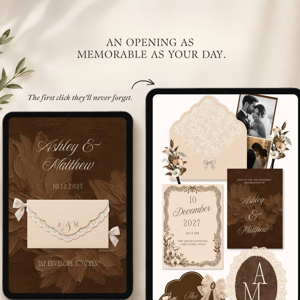 Brown wedding website template editable in Canva with RSVP page and envelope opening design