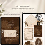 Brown wedding website template editable in Canva with RSVP page and envelope opening design
