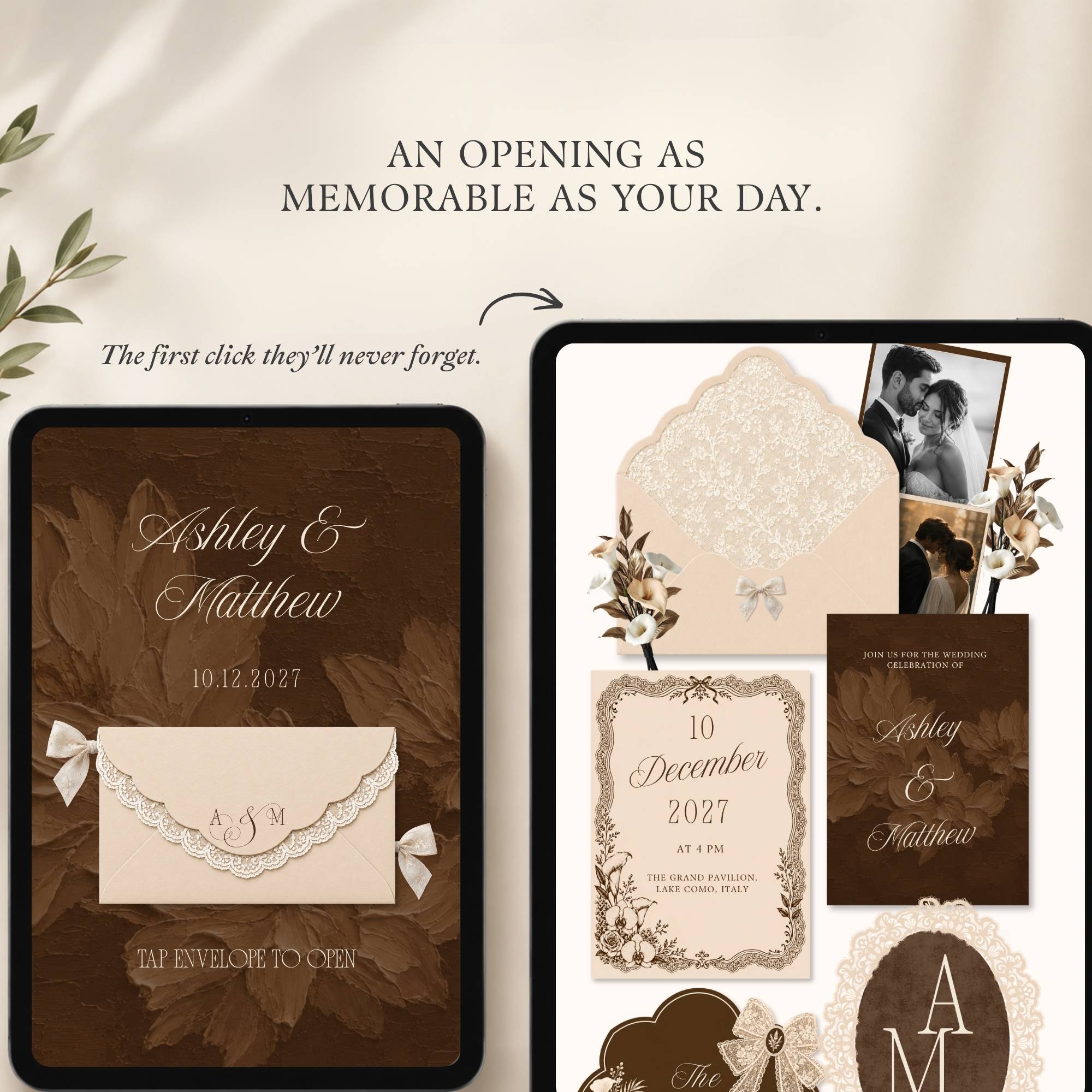 Brown wedding website template editable in Canva with RSVP page and envelope opening design