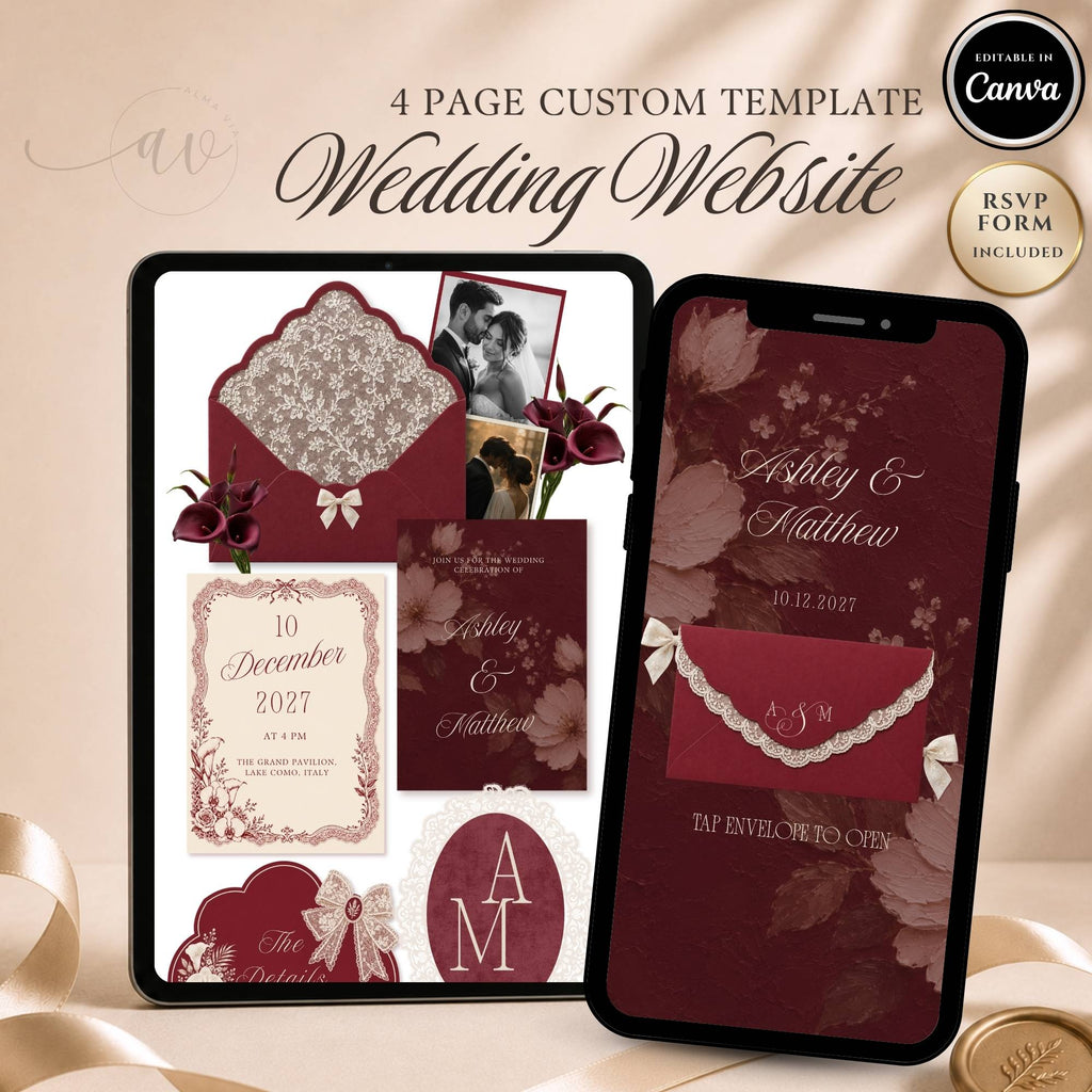 Burgundy wedding website template editable in Canva with RSVP page and envelope opening design