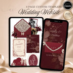 Burgundy wedding website template editable in Canva with RSVP page and envelope opening design