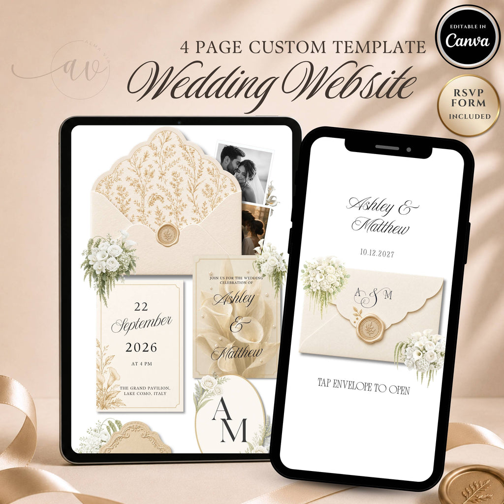 Champagne wedding website template editable in Canva with RSVP page and envelope opening design