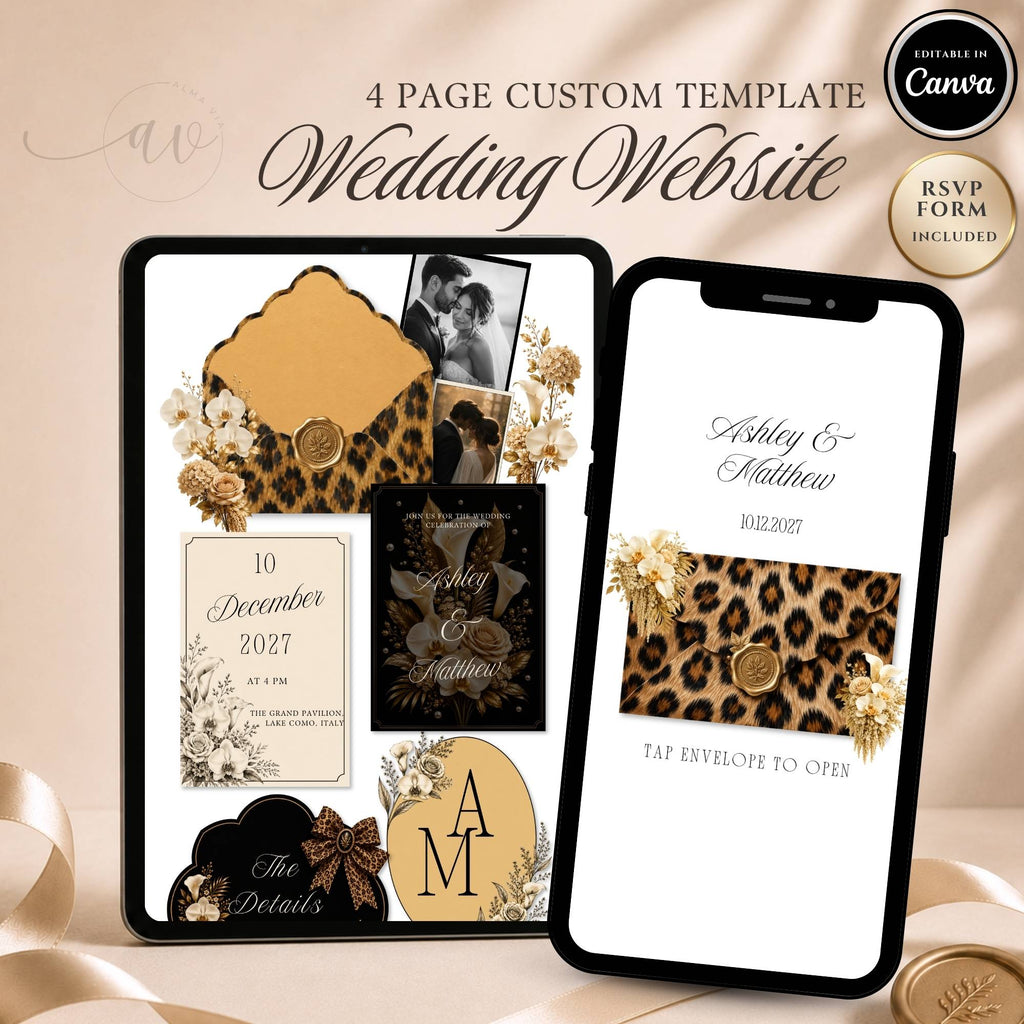 Cheetah wedding website template editable in Canva with RSVP page and envelope opening design