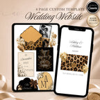 Cheetah wedding website template editable in Canva with RSVP page and envelope opening design
