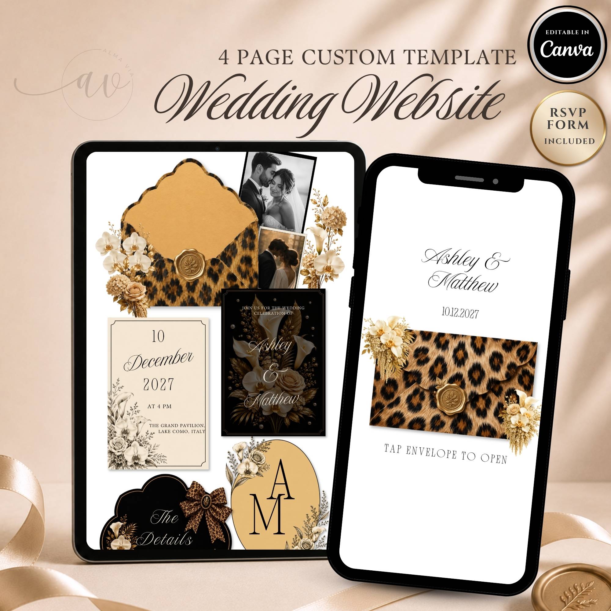 Cheetah wedding website template editable in Canva with RSVP page and envelope opening design