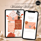 Coral wedding website template editable in Canva with RSVP page and envelope opening design