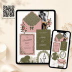 Editable wedding website template preview with QR code demonstration.
