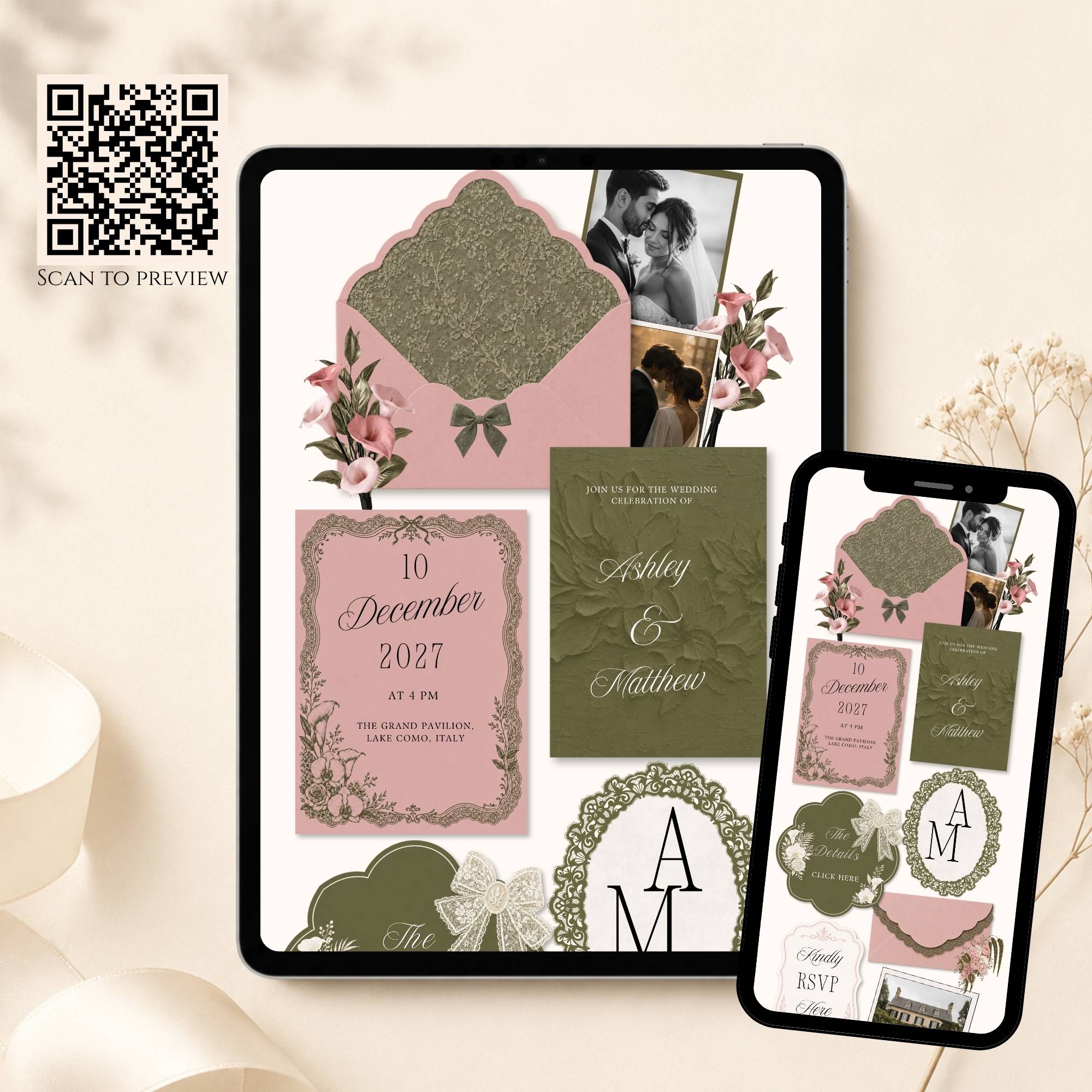 Editable wedding website template preview with QR code demonstration.