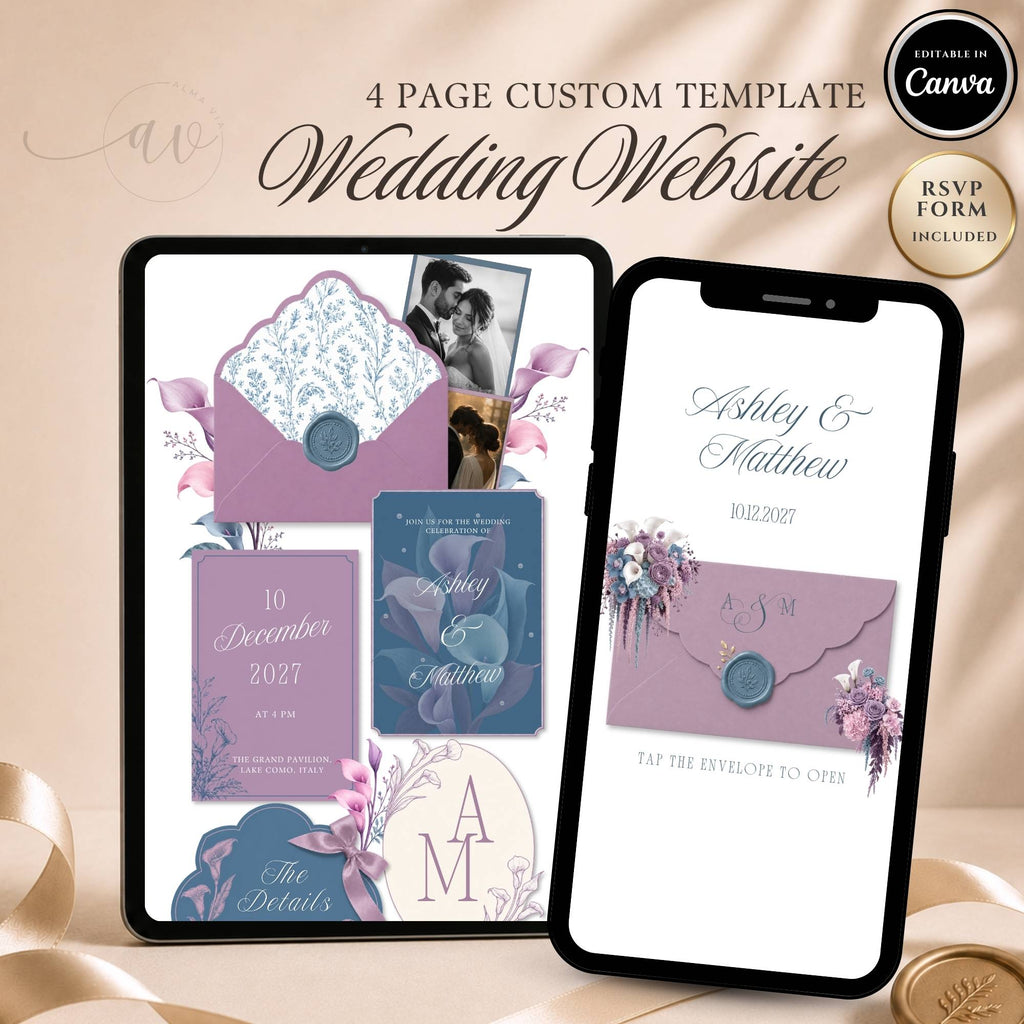 Dusty blue and lavender wedding website template editable in Canva with RSVP page and envelope opening design