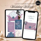 Dusty blue and lavender wedding website template editable in Canva with RSVP page and envelope opening design