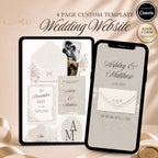Elegant lace wedding website template editable in Canva with RSVP page and envelope opening design