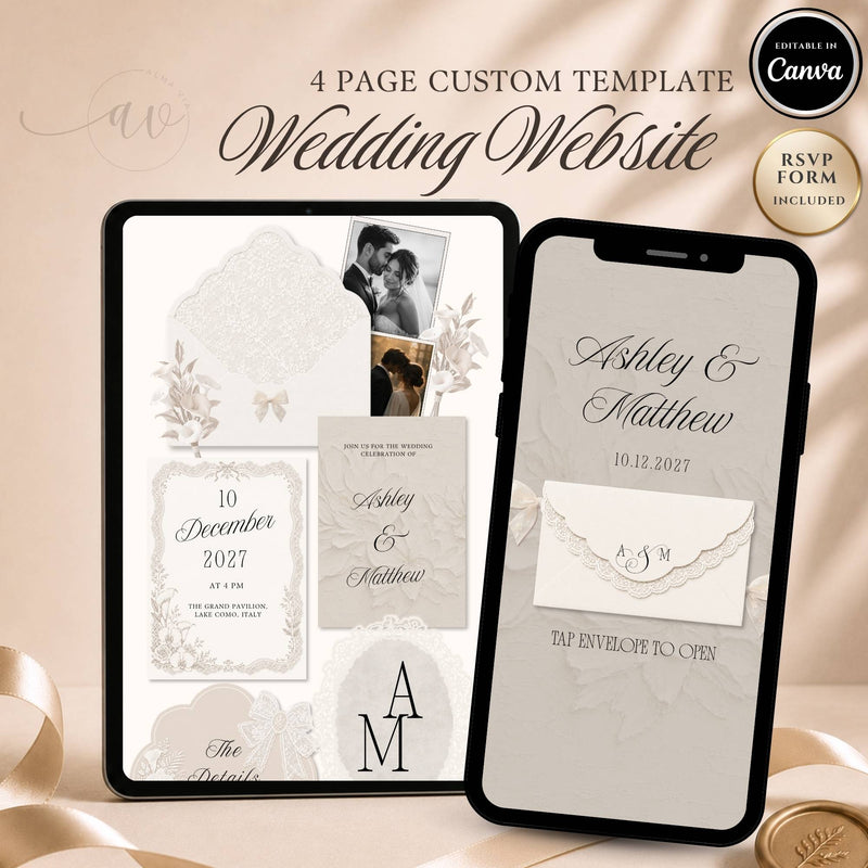 Elegant lace wedding website template editable in Canva with RSVP page and envelope opening design