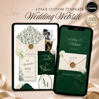 Green wedding website template editable in Canva with RSVP page and envelope opening design