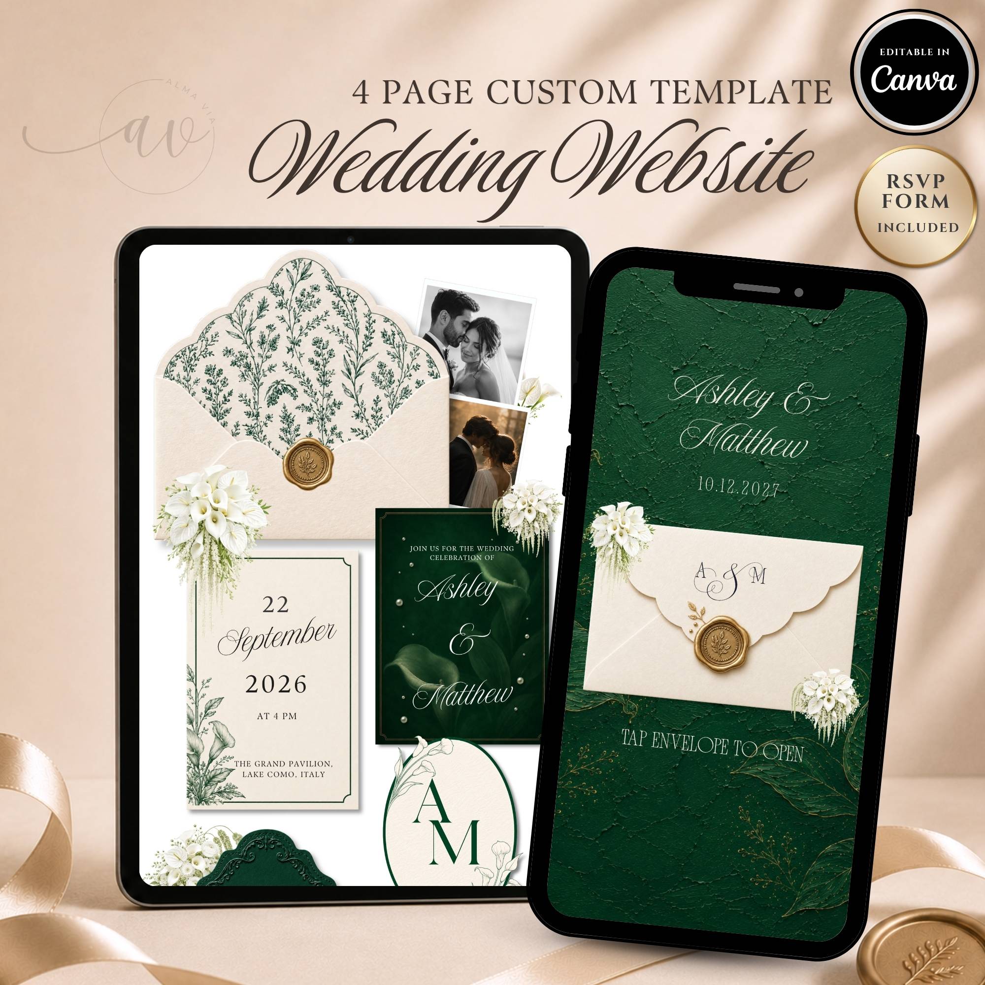 Green wedding website template editable in Canva with RSVP page and envelope opening design