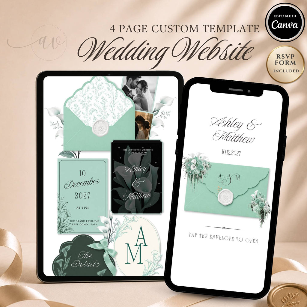 Mint green wedding website template editable in Canva with RSVP page and envelope opening design