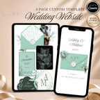 Mint green wedding website template editable in Canva with RSVP page and envelope opening design
