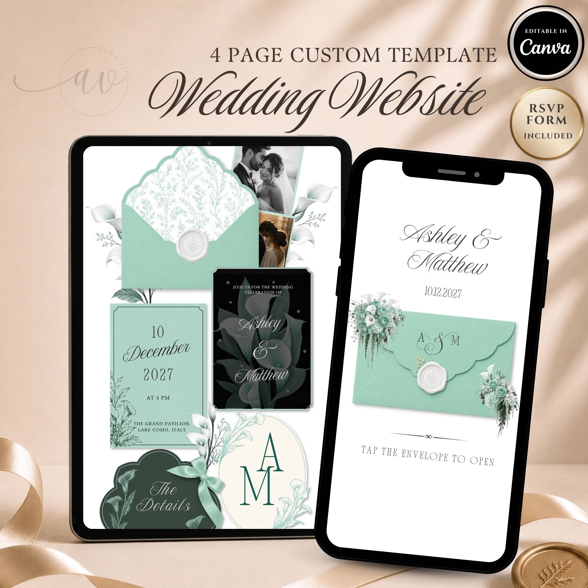 Mint green wedding website template editable in Canva with RSVP page and envelope opening design