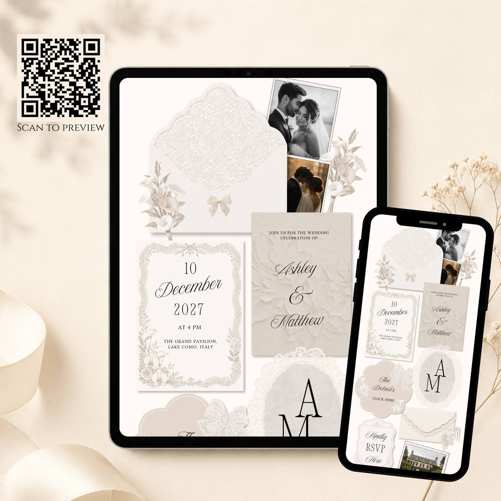 Mobile view of editable wedding website template with elegant lace design