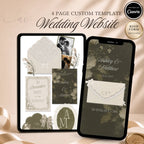 Olive green wedding website template editable in Canva with RSVP page and envelope opening design