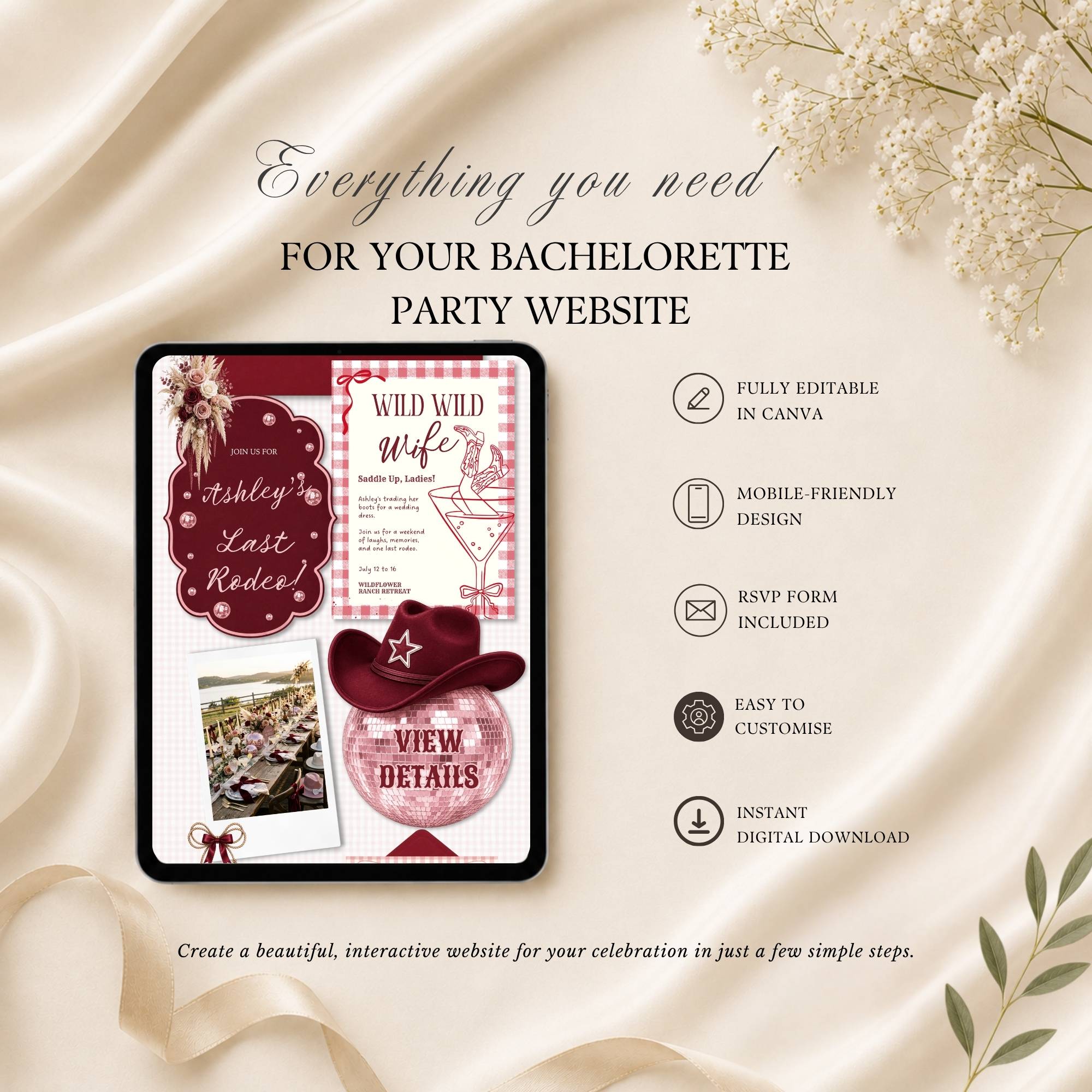 Features overview of the Wild Wild Wife Canva bachelorette website with RSVP and event information