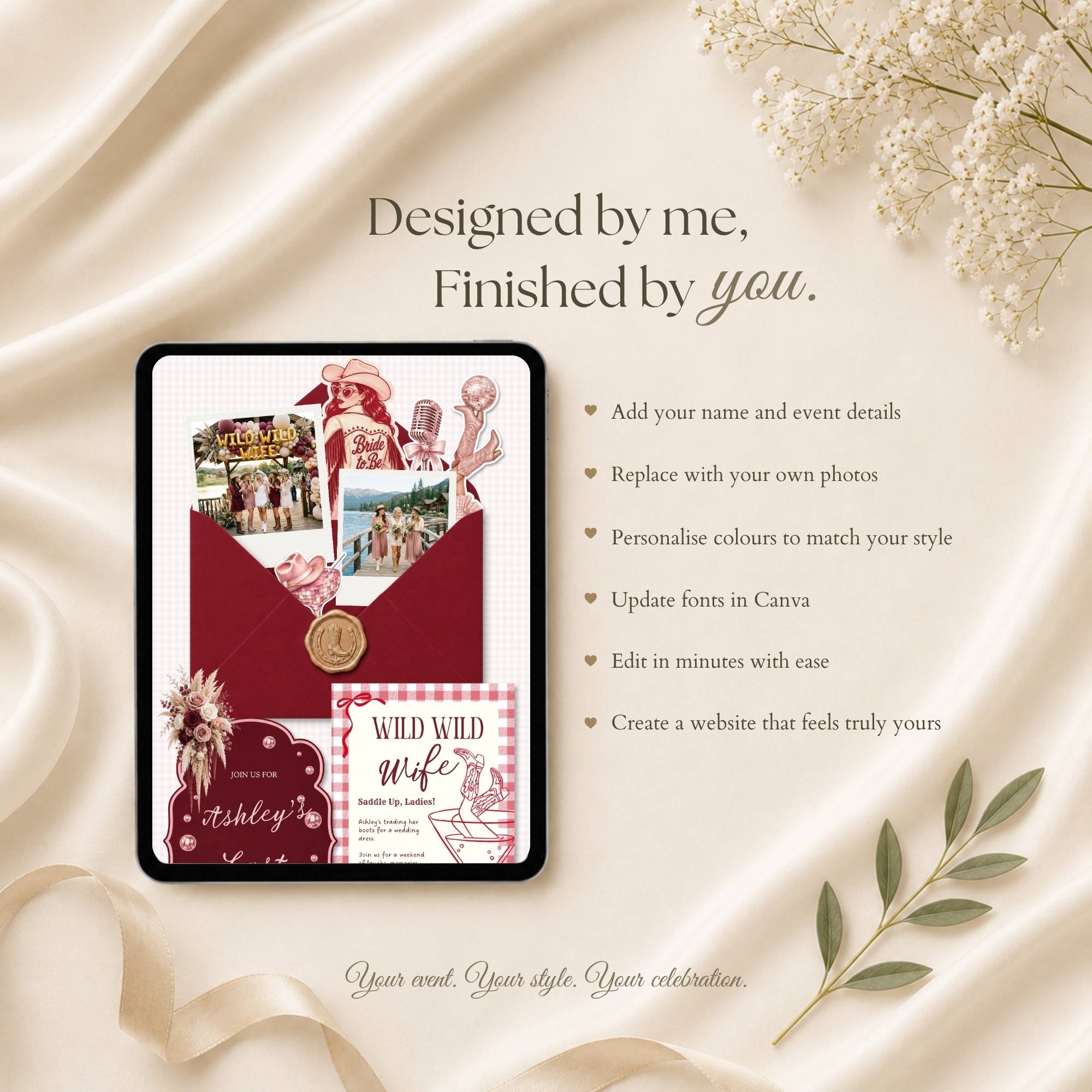 Fully customizable Wild Wild Wife bachelorette website template editable in Canva