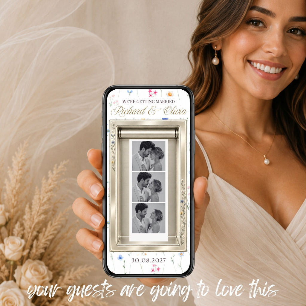Wildflower photo booth wedding video displayed on a phone with monochrome photo strip and delicate floral details.