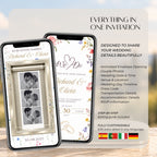 Wildflower wedding video invitation featuring photo booth images, programme, RSVP, dress code and editable wedding details.