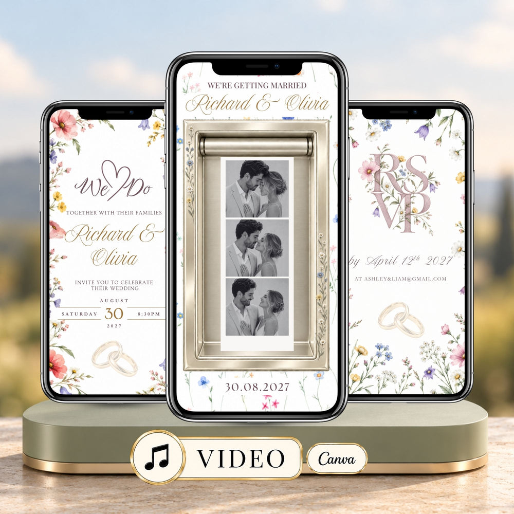 Wildflower wedding video invitation with floral Canva design, photo booth strip, wedding details and soft ivory styling.
