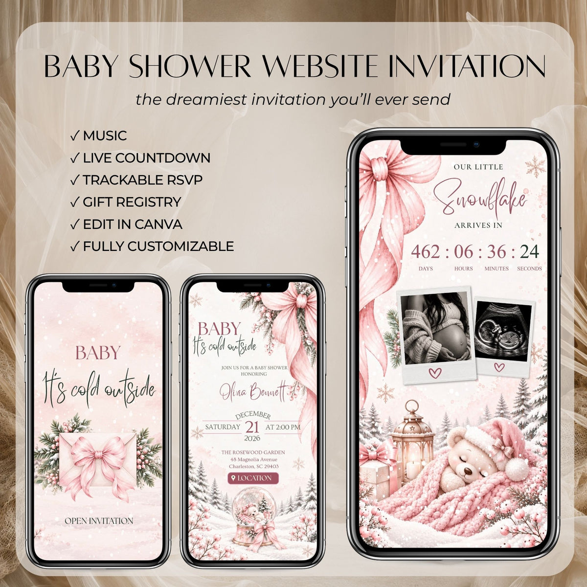 Winter baby shower website invitation featuring pink Christmas details, live countdown, ultrasound photos and mobile-friendly pages.